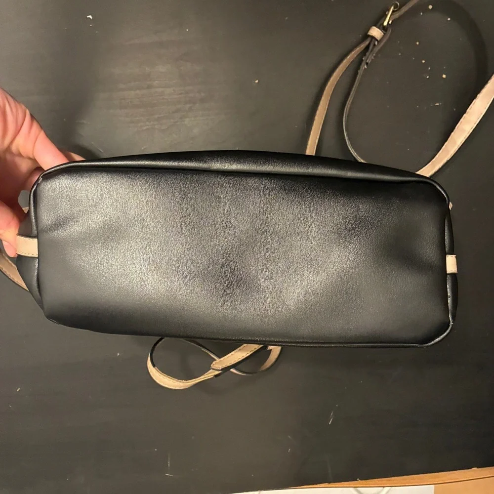 Nanette Lepore Black Tan Faux Leather Dome Crossbody Satchel Bag Gold Hardware